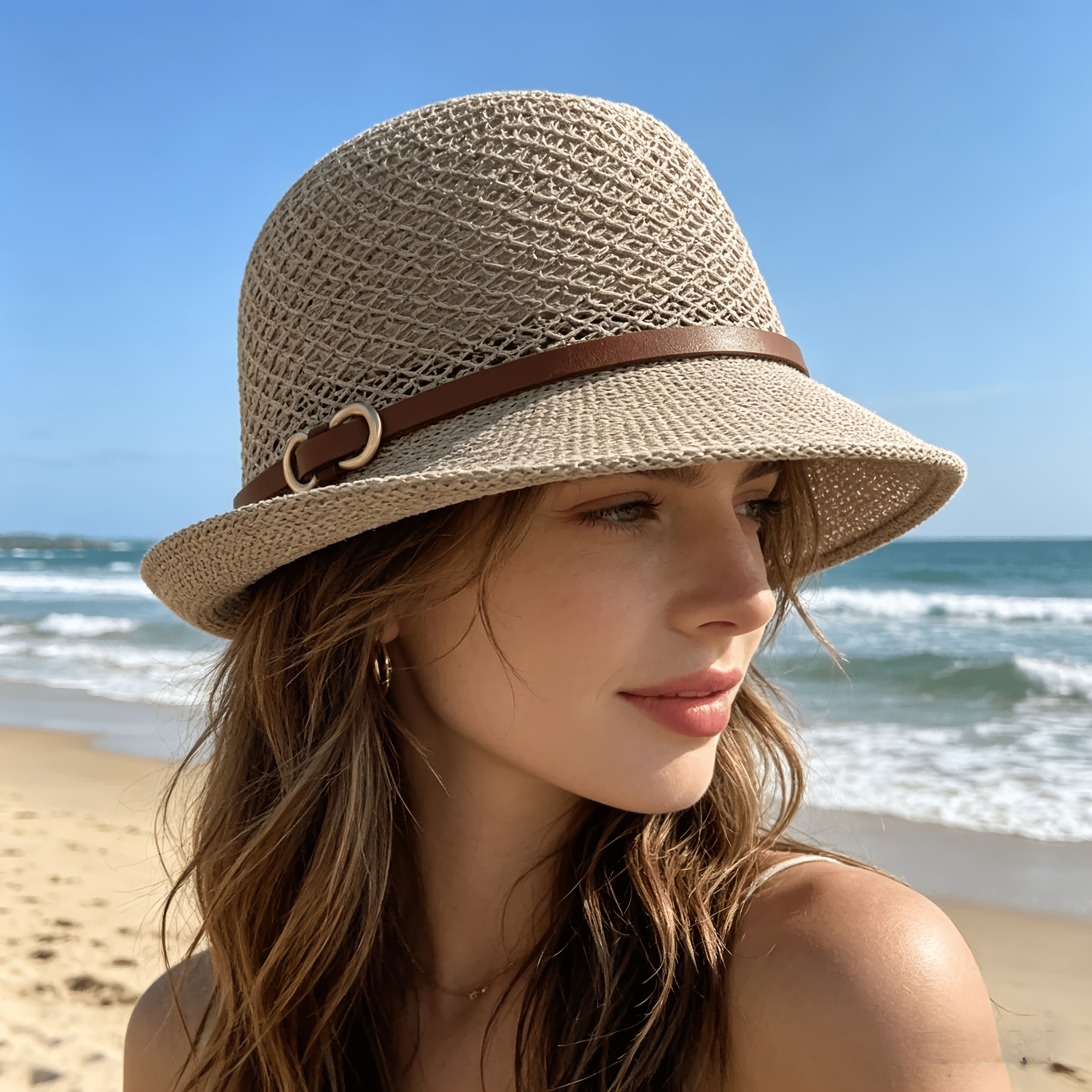 Bucket Hat Straw - Elegant women's beach straw hat with