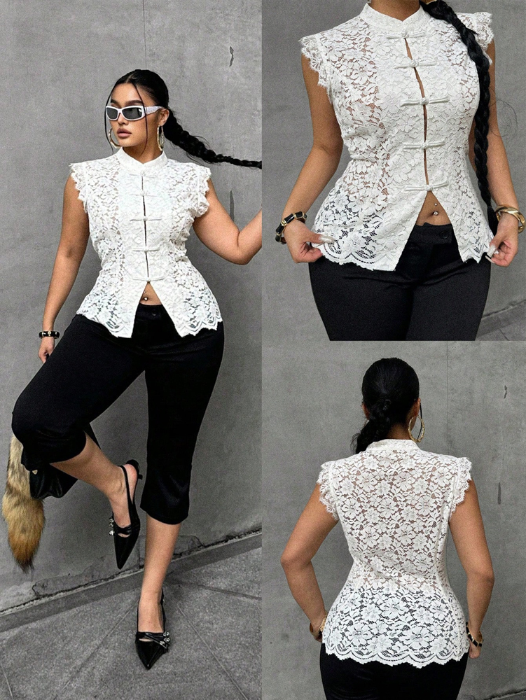 Plus Size Elegant Lace Blouse, - Shirt Camp Collar recensie en prijs