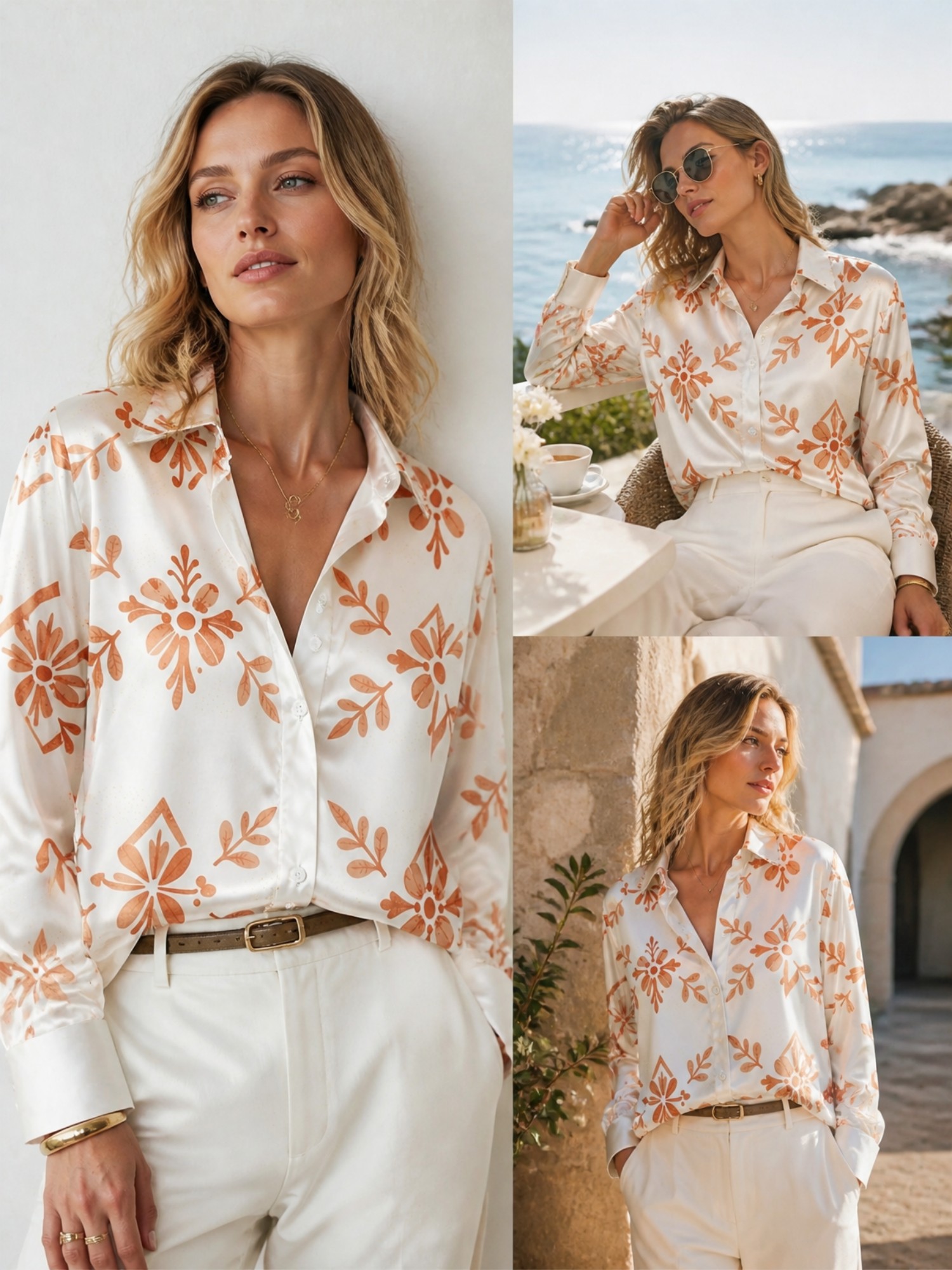 Cream Orange Floral Satin Blou - Resort Shirt Floral recensie en prijs