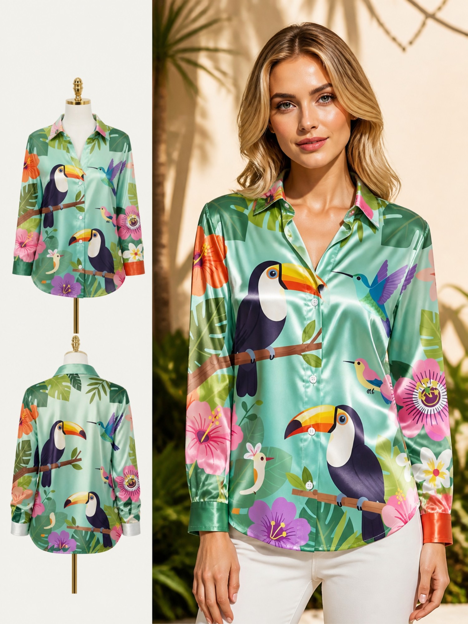 Mint Toucan Satin Button Shirt - Resort Shirt Floral recensie en prijs