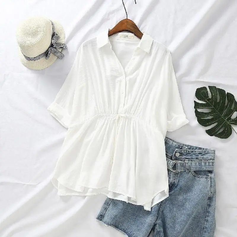 Korean Loose Blouses Women Fas - Short Linen Drawstring recensie en prijs